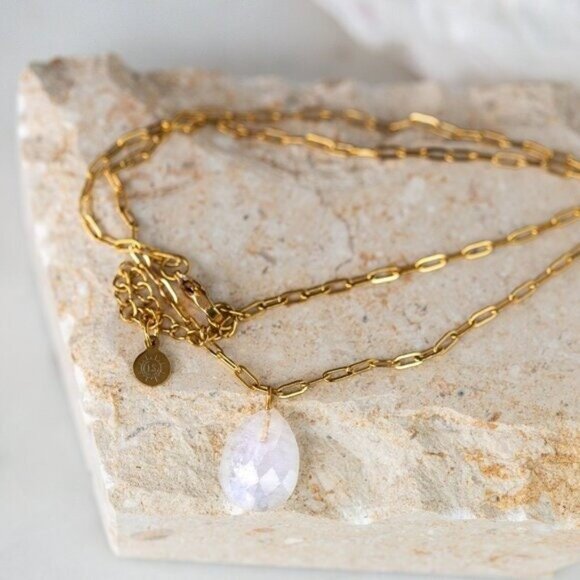 Rainbow Moonstone Pendant Necklace on Gold Paperclip Chain Waterproof Jewelry - Picture 7 of 9